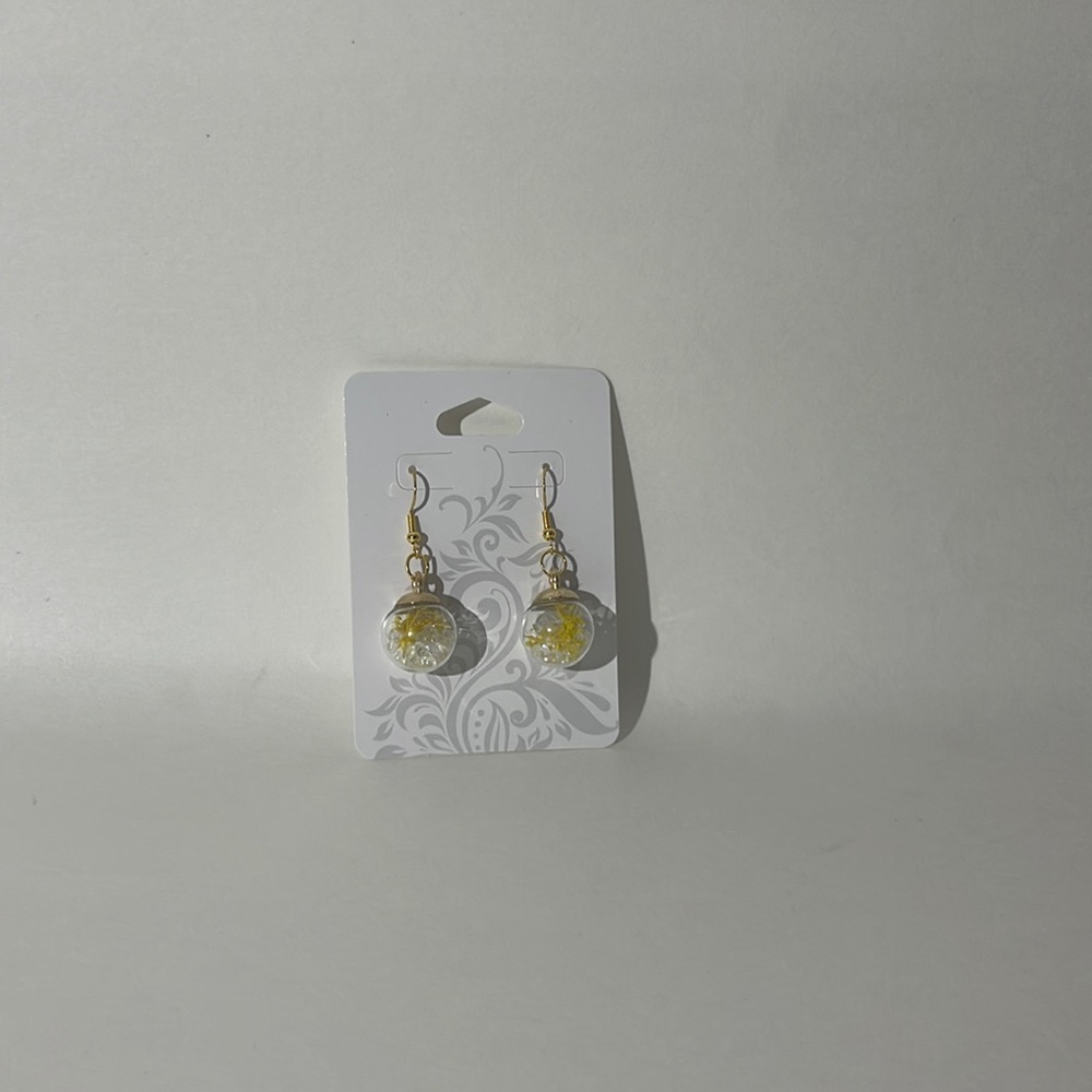 clear glass ornament earrings with yellow flower handmade earrings
